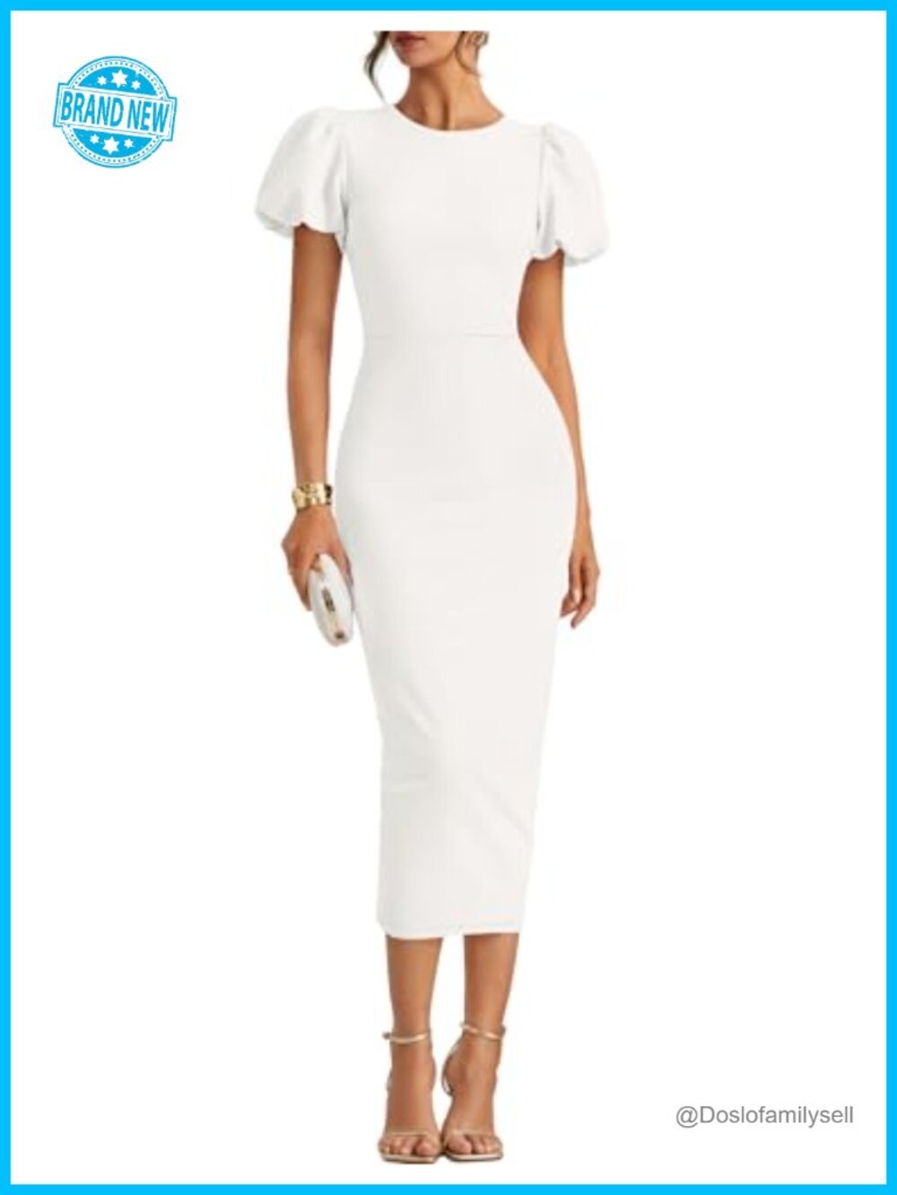 Womens Bodycon Midi Dress Short Sleeve Puff Sleeve Cocktail Formal Party